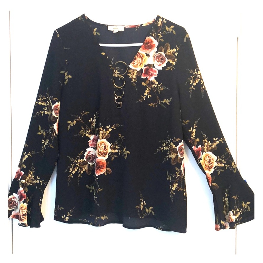 Entro Navy sheer long sleeve blouse.